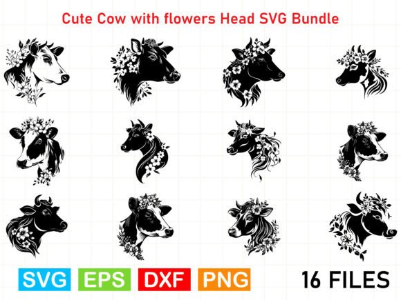 Cute Cow with Flowers Head SVG: Graphics & Illustrations