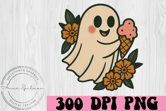 Ghost W Flowers Ice Cream Cone: Graphics & Illustrations