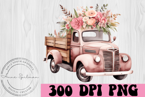 Old Pink Truck with Flowers: Graphics & Illustrations
