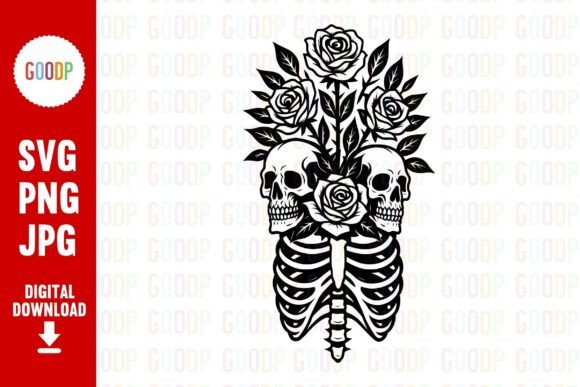 Ribcage Roses Twin Skulls SVG: Gothic Graphics & Illustrations
