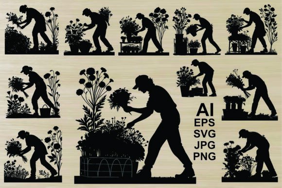 Silhouette Man Gardening Flowers Bundle: Graphics & Illustrations