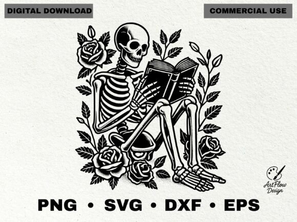 Skeleton Reading Book with Roses: Graphics & Illustrations