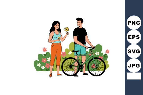 Young Couple with Bicycle and Flowers in Graphics
